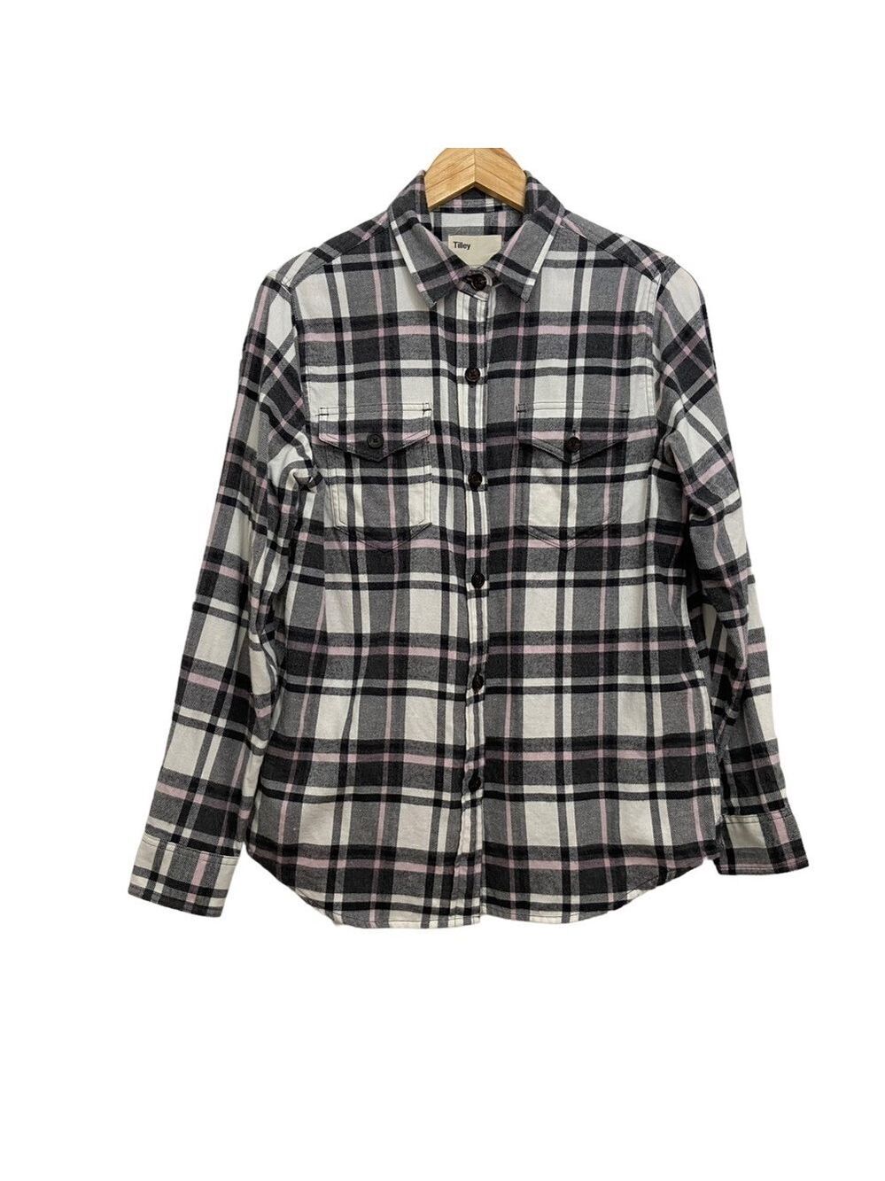Tilley Flanel plaid shirt 100% cotton pink black ecru white small overshirt S